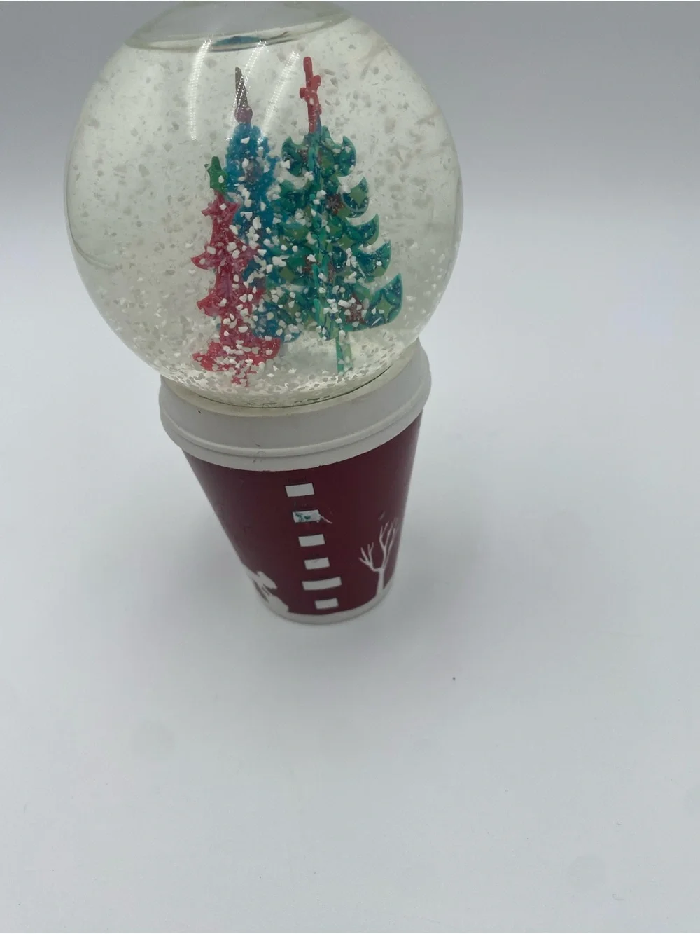 Starbucks Red Cup Snow Globe with Blue, Green, and Red Trees